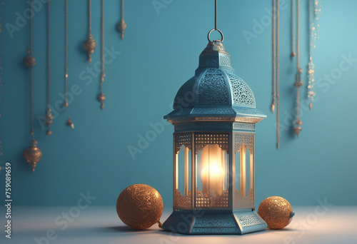 Ramadan Kareem vector greetings design with a hanging lantern. photo