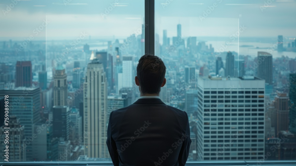 Ambitious Businessman Gazing at the Office Skyline View from Behind Ambitious Businessman Gazing at the Office Skyline View from Behind