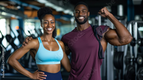 fit man and woman in sportswear, smiling and posing confidently in a gym setting