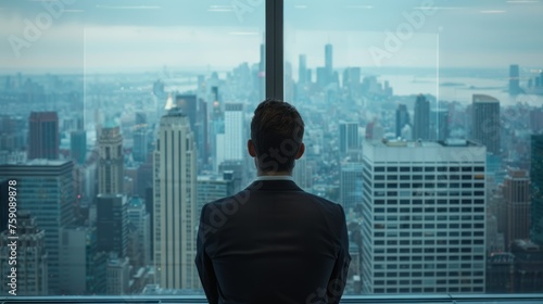 Ambitious Businessman Gazing at the Office Skyline View from Behind
