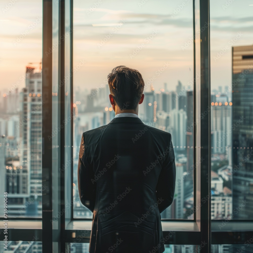 Fototapeta premium Ambitious Businessman Gazing at the Office Skyline View from Behind