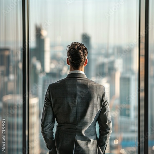 Ambitious Businessman Gazing at the Office Skyline View from Behind