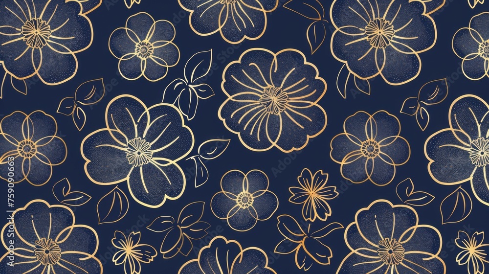 simple yet elegant geometric all-over design featuring gold linear flowers on an indigo blue background. This type of design is reminiscent of Oriental floral vintage patterns, often used in wallpaper