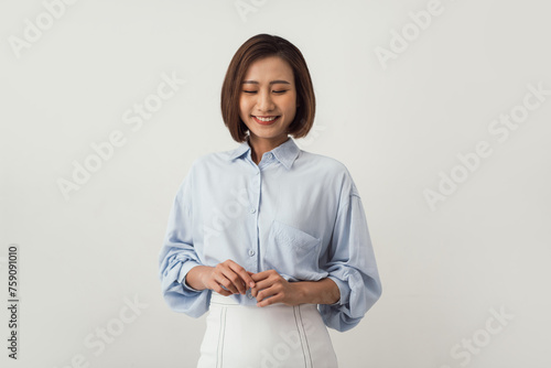 Asian woman bashful and shy for dating in white background