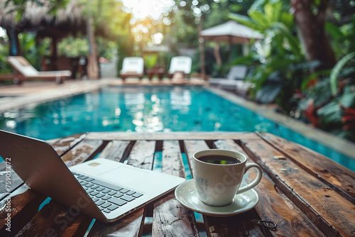 Photo of laptop and cup of coffee standing on table with swimming pool on the background. The concept of remote work and combining leisure with work photo