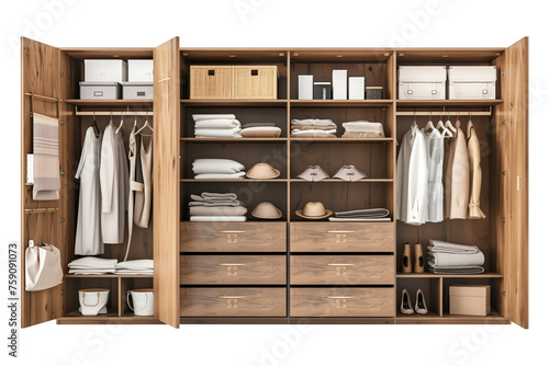 Open wardrobe made of solid wood, varnished, isolated on a white or transparent background. Close-up of an open wardrobe filled with clothes and towels. Element of furniture in the interior.