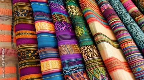handmade traditional Guatemalan fabric, which typically features bright, multicolored stripes and intricate patterns. These designs reflect the rich cultural heritage and skilled craftsmanship © romanets_v