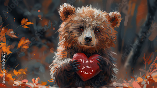 An adorable bear clutching a heartfelt 'Thank you, Mom' message encapsulates gratitude and love in a whimsical and touching way. Generative AI