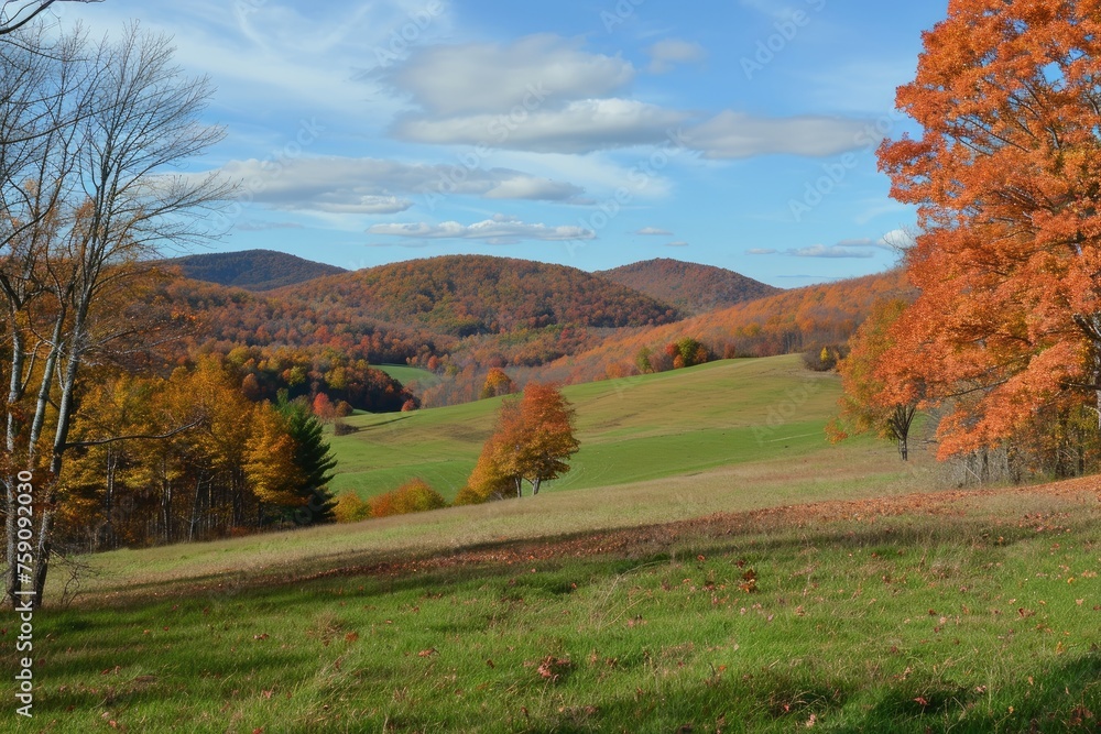 Rolling hills adorned with vibrant autumn foliage, Beautiful natural landscape with blue sky