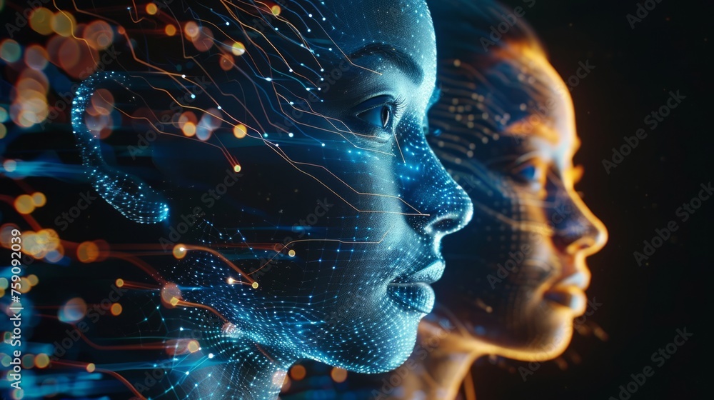 Holographic faces in profile, neon digital art projection Holographic faces in profile, neon digital art projection