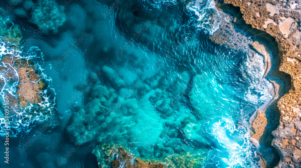 Aerial view of turquoise sea waves crashing on rocky shore Aerial view of turquoise sea waves crashing on rocky shore