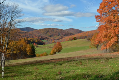 Rolling hills adorned with vibrant autumn foliage, Beautiful natural landscape with blue sky