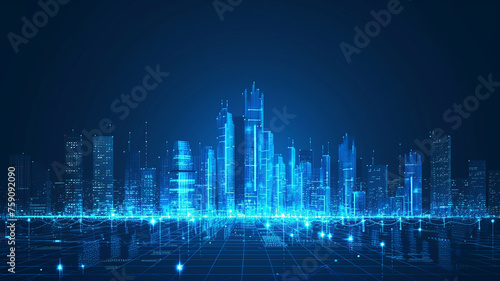 Blue computer screen, city skyline mixed with graphs and data. Technology, future, ai, data processing