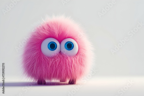 Cute fluffy pink monster on gray background