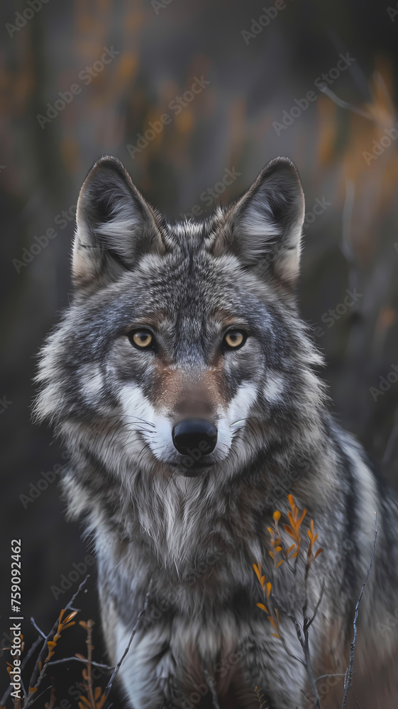 Wolf's Intense Stare Amidst Autumn Twilight Wolf's Intense Stare Amidst Autumn Twilight