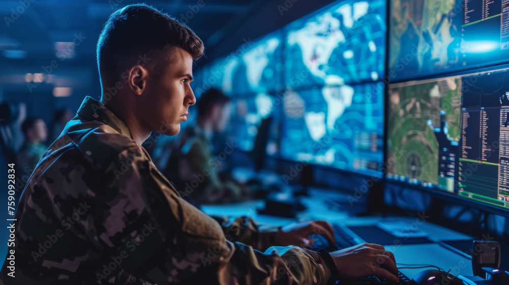 military personnel is focused on monitoring multiple computer screens in a high-tech surveillance room with global maps and data on the screens military personnel is focused on monitoring multiple computer screens in a high-tech surveillance room with global maps and data on the screens