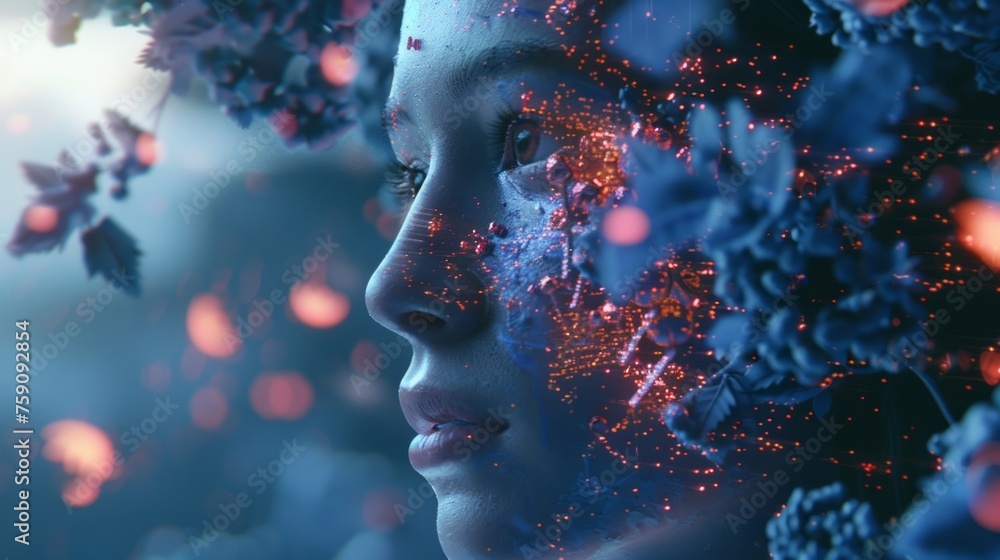 Ethereal 3D face, merging flora and digital geometry, neon accents Ethereal 3D face, merging flora and digital geometry, neon accents