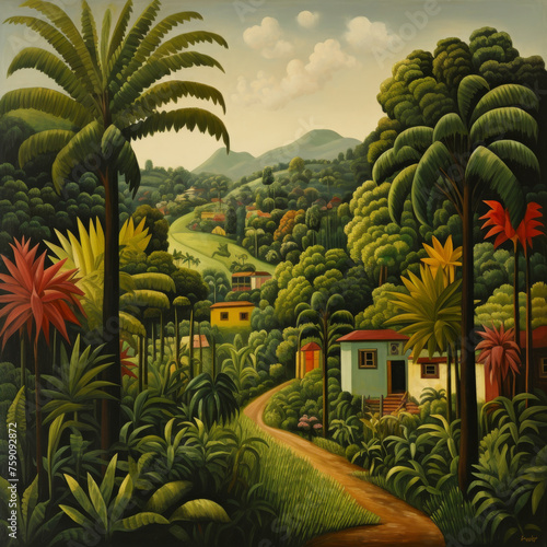 Tropical Forest Path With Houses