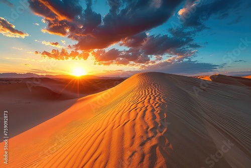 Sand dunes at sunset, Beautiful desert and sunset in the warm cloud background