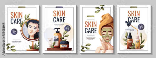 Set of flyers with woman, cosmetics, beauty products. Beauty, skin care, cosmetic, spa, shower concept. Vector illustration for banner, card, advertising.