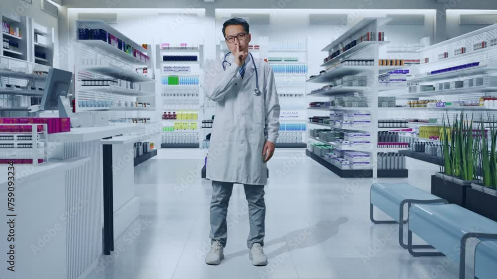 Full Body Of Asian Male Doctor With Stethoscope Showing Silence Gesture While Standing In Pharmacy Full Body Of Asian Male Doctor With Stethoscope Showing Silence Gesture While Standing In Pharmacy
