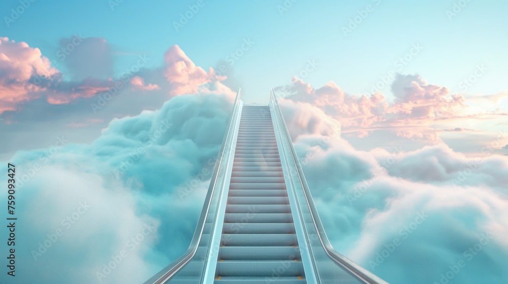 Escalator taking to the sky with clouds