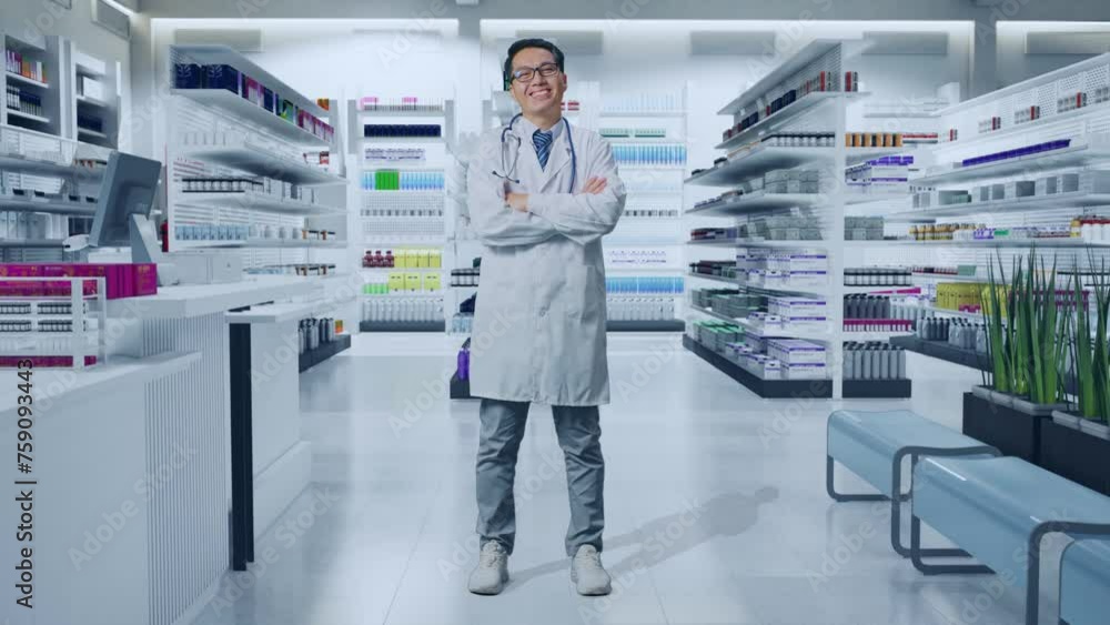 Full Body Of Asian Male Doctor With Stethoscope Crossing His Arms And Smiling In Pharmacy Full Body Of Asian Male Doctor With Stethoscope Crossing His Arms And Smiling In Pharmacy