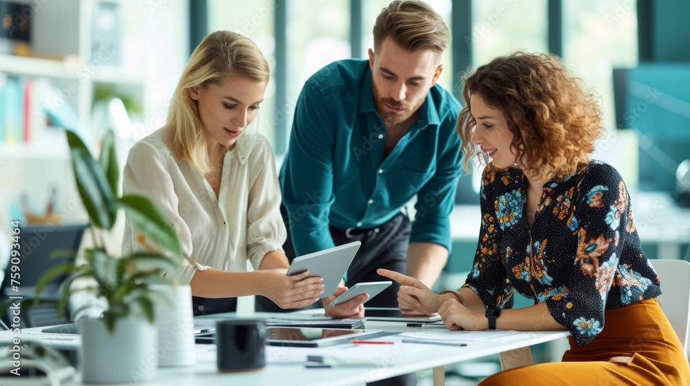 Fototapeta premium professionals are engaged in a discussion over a tablet and documents at a modern office table.