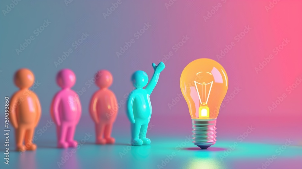 3d colorful human figures standing in front of light bulb on isolated color background 3d colorful human figures standing in front of light bulb on isolated color background
