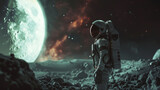 Amidst the wreckage of an abandoned colony, an astronaut gazes out over the desolate landscape, their spacesuit reflecting the faint glow of distant stars. The Moon hangs low on the horizon, 