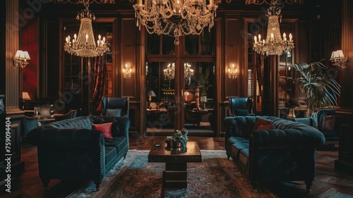 Step into grandeur with ornate chandeliers, sumptuous velvet seating, luxe wood details, and noble hues, all aglow in ambient lighting photo