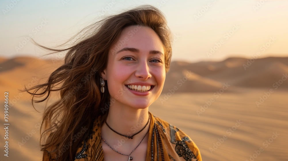 A desert landscape, a smiling model girl with sand dunes in the background.