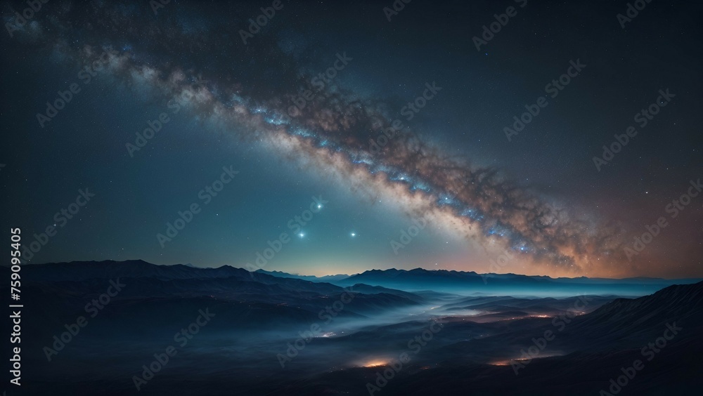 Night sky with stars and milky way above the clouds.