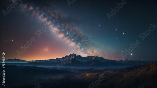 Night sky with stars and milky way above the clouds.