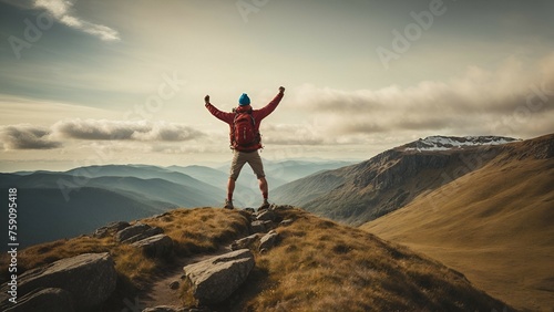 Hiker with backpack standing on top of a mountain and enjoying the view