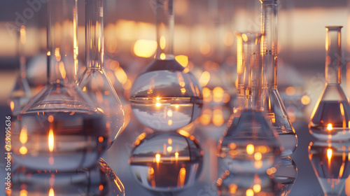 An atmospheric image of laboratory glassware arranged on a reflective surface  creating an artistic composition of shapes and reflections. 8K