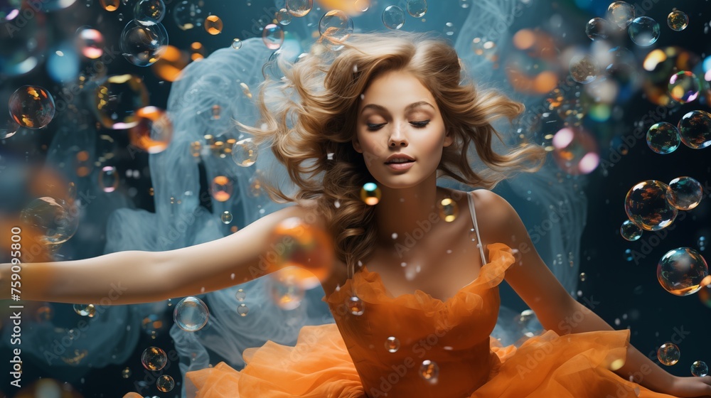 A dynamic image of a girl model in motion, captured against a backdrop of playful, floating bubbles in various sizes.