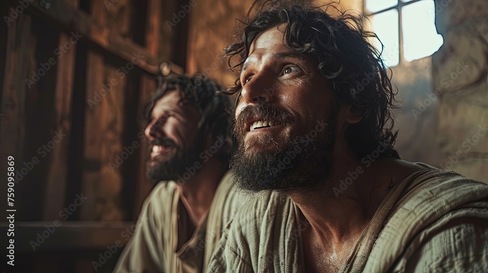 Paul and Silas in the prison, Bible story.