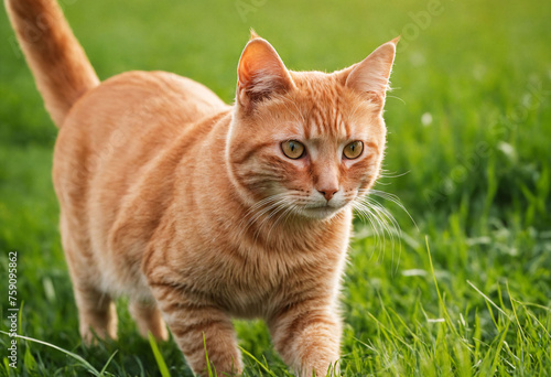 A ginger cat playing in the grass field