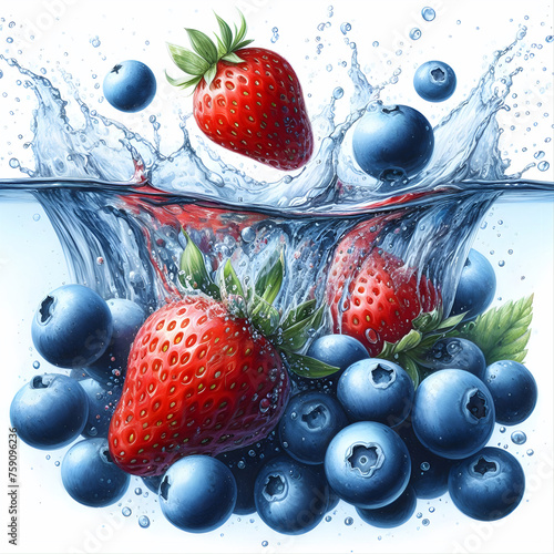 Ilustracja przedstawiająca świeże owoce wpadające do wody, baner tło, generative ai