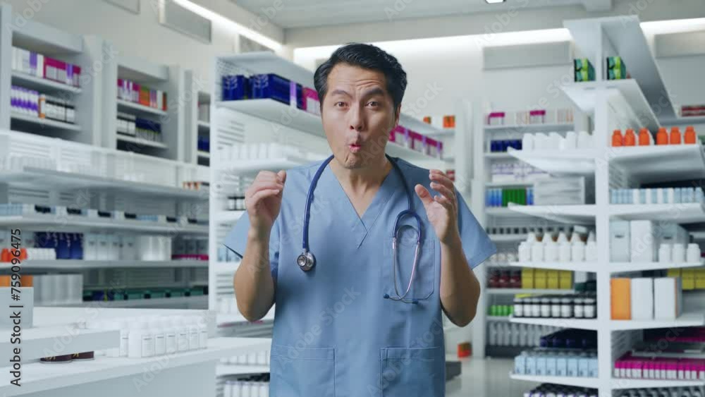 Asian Male Doctor With Stethoscope Showing Gesture Hands Palm, Saying Wow And Smiling In Pharmacy Asian Male Doctor With Stethoscope Showing Gesture Hands Palm, Saying Wow And Smiling In Pharmacy