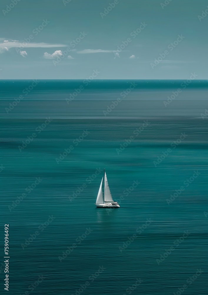 A sailboat on the sea, in the distant teal ocean water