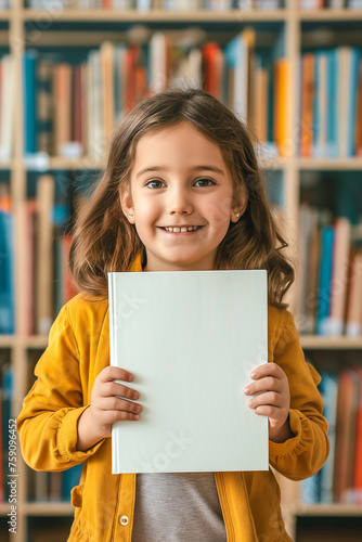 Portrait of a happy child hiding behind a book mockup education concept