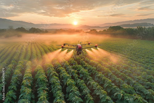 Drones spray pesticides from above to control pests and diseases of crops in vast vegetable fields and prevent epidemics. Agriculture concept.