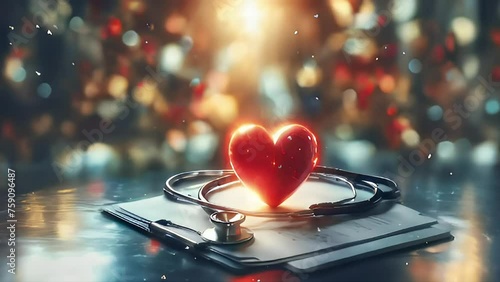 Stethoscope with red heart and beat on analysis health book. Circle motion  video and blurred light luxury background with copy space area. Suitable for World Health Day videos etc.  photo