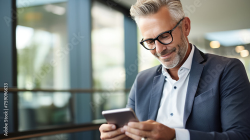 A middle-aged businessman, smiling while looking at his smartphone.