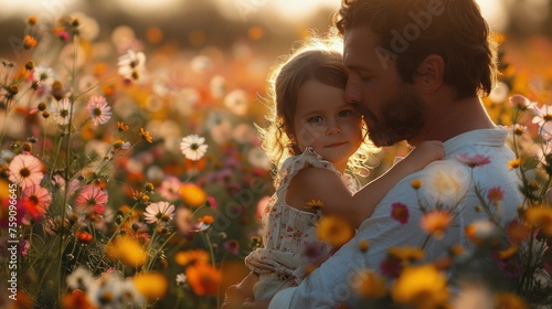 Man Holding Little Girl in Field of Flowers