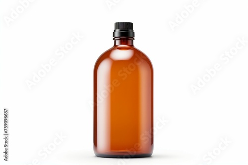 An amber glass bottle with a black cap containing a liquid solvent, resting on a white background. The cylindrical drinkware is versatile for storing ingredients or drinks