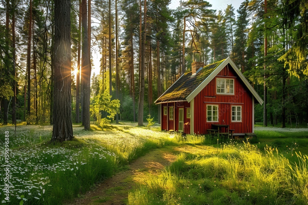 Swedish red house in pine forest.