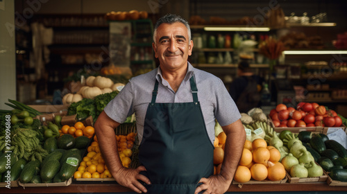 A cheerful middle-aged grocer wearing an apron, standing in front of a vibrant display of fresh produce, including tomatoes and peppers, in a local grocery market. © MP Studio